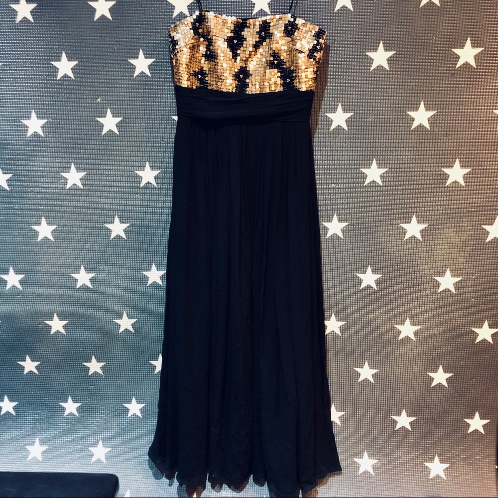 Badgely Mischka Gown. Sz 8. Black w/ gold sequins
